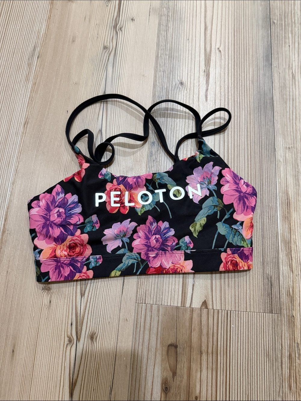 Peloton Black Floral Strappy Sports Bra with Pink & Purple Blooms